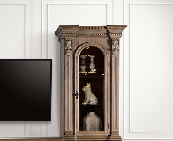 English Elm Traditional Weathered Oak Entertainment Console Hand Carved Dentil Crown Six Door Storage B2741S00759