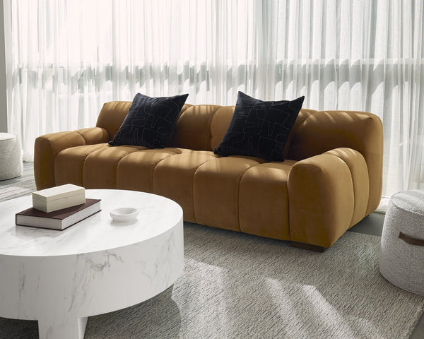 Sunpan Romy Sofa - Plush Meg Gold Upholstery & Distressed Brown Birch Legs for Ultimate Comfort & Style