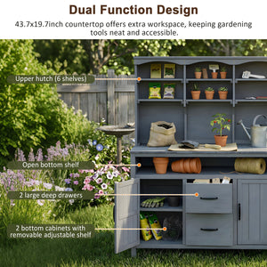 English Elm (with Hutch) Topmax Solid Fir Outdoor Potting Bench Station Cabinets Drawers Patio Garden Gray N717P404332E
