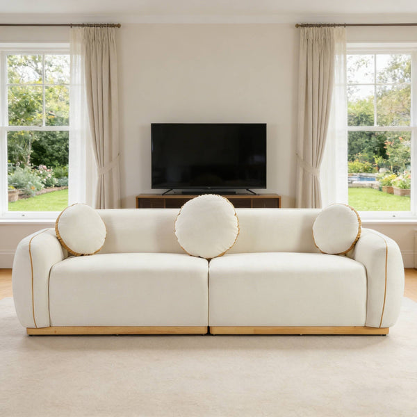 English Elm 90.94'' Three Seat Contemporary Curved Sofa with Round Accent Pillows for Modern Living Beige+White W2085S00093