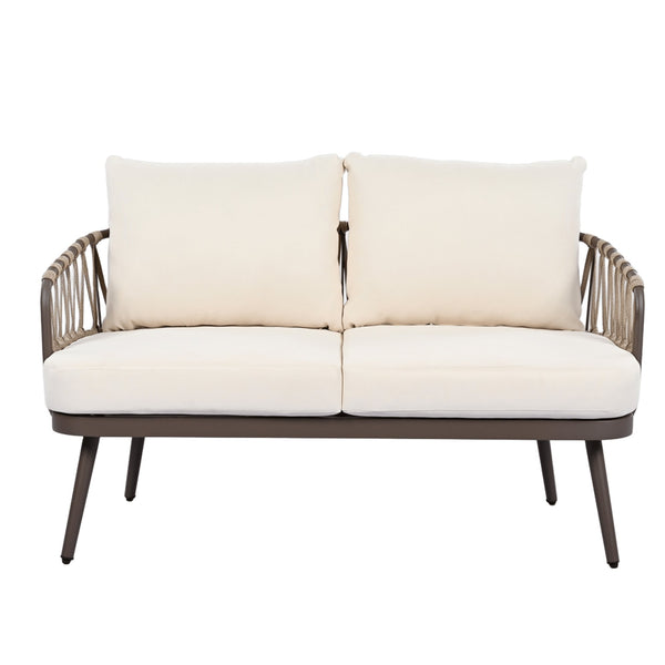 English Elm Christopher Knight Home® - 4-Piece Outdoor Patio Set with Woven Rope U-Back, Steel Frame, Thick Cushions & Acacia Table for Garden Brown+Beige N780P209458R