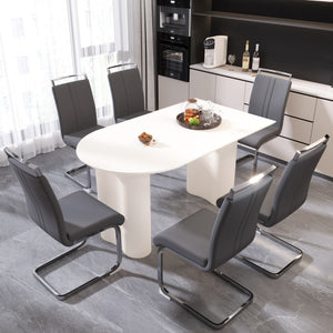 English Elm 63" Cream Mdf Dining Table Set With 6 Pu Armless Chairs & Silver Metal Legs - Modern Elegance! W2189S00434