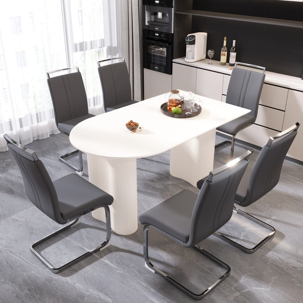 English Elm 63" Cream Mdf Dining Table Set With 6 Pu Armless Chairs & Silver Metal Legs - Modern Elegance! W2189S00434
