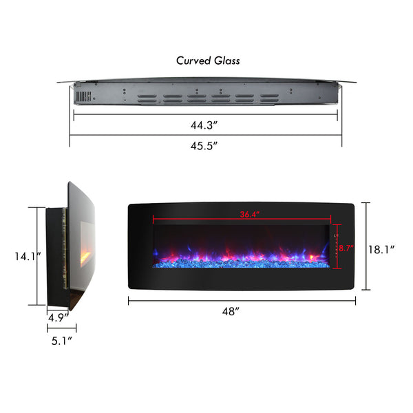 English Elm 48 Inch Curved Wall Mounted Electric Fireplace with Multi Color Flame Ember Bed W1769P199008