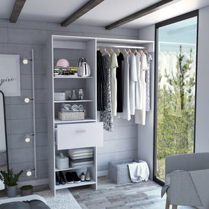 English Elm Hybrid Closet System with Five Open Shelves, Spacious Drawer & Metal Rod for Smart Vertical Storage White 83 L x 20 W x 4 H B128S00094