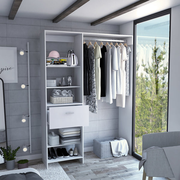 English Elm Hybrid Closet System with Five Open Shelves, Spacious Drawer & Metal Rod for Smart Vertical Storage White 83 L x 20 W x 4 H B128S00094