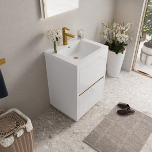 English Elm 24'' Wall Mount Bathroom Vanity Fluted Smoked Walnut Soft Close Drawer Quartz Basin W1920P385539