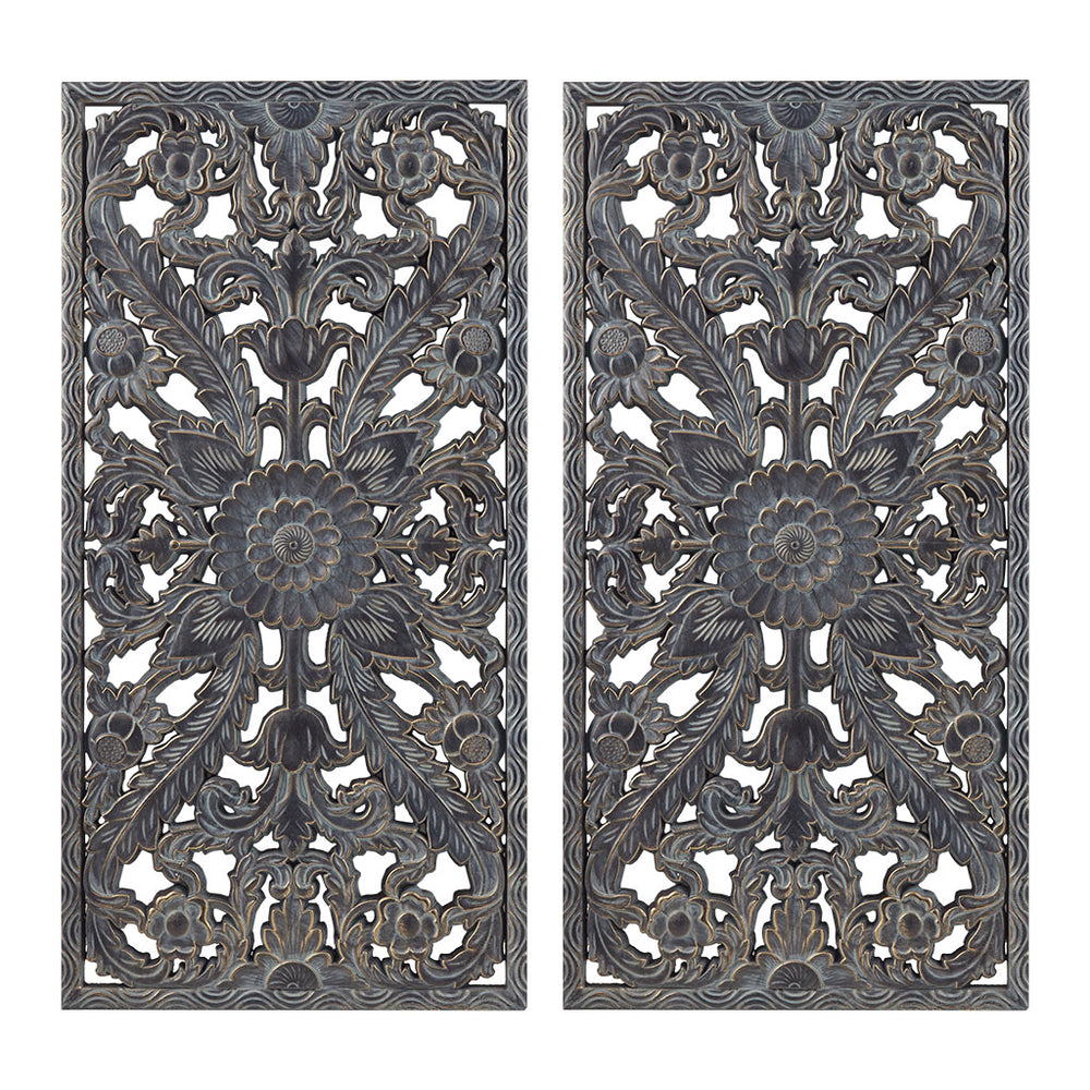 JLA Home Madison Park - Distressed Carved Wood Lotus Wall Art Set with Hand-Distressed Finish, Dimensional Botanical Panels for Home Decor Antique Blue MP95B-0264