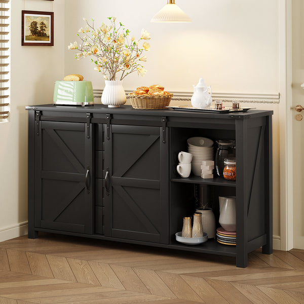 English Elm U-style Farmhouse Sideboard Barn Door Buffet with Drawers Built-in Outlet Dining Black N711P347377B