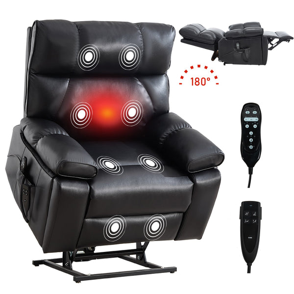 English Elm Black Leatheraire Power Lift Recliner with Massage Heat and 350 Lb Dual Motor W1803P340318