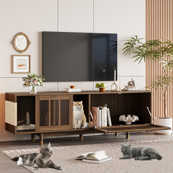 English Elm Mid-Century 74" Walnut TV Stand with Cat Litter House, Sliding Glass Doors, Sisal Scratcher, Sturdy Legs N843P251412W