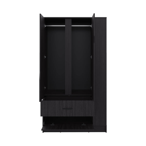English Elm Armoire with Built-In Mirror and Ample Storage — 4 Doors, 2 Drawers, 4 Shelves, Eco-Friendly Finish Black 75.98 L x 24.02 W x 4.72 H B097S00218