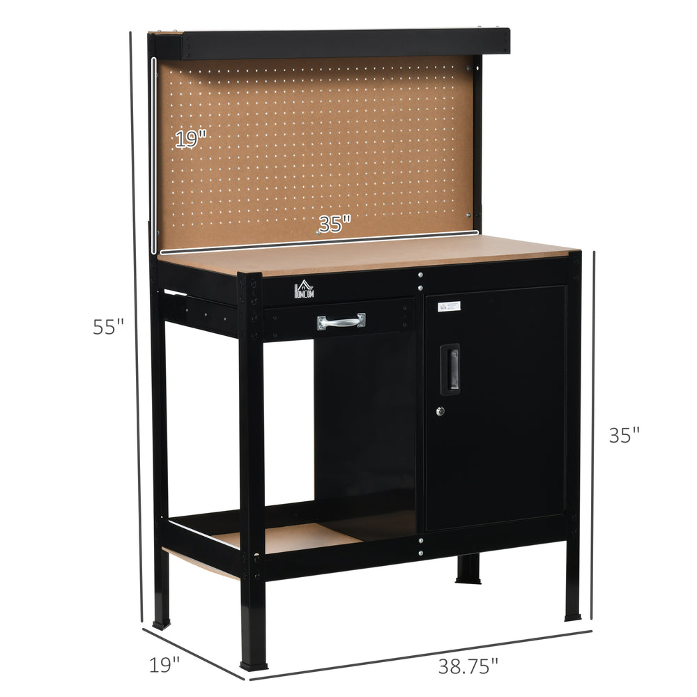 English Elm Multipurpose Workshop Table with Pegboard Steel Frame Lockable Cabinet and Drawer T3971P389483