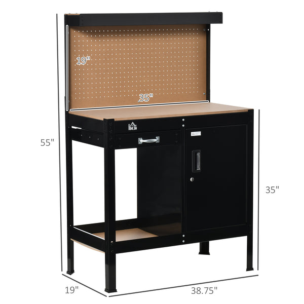 English Elm Multipurpose Workshop Table with Pegboard Steel Frame Lockable Cabinet and Drawer T3971P389483