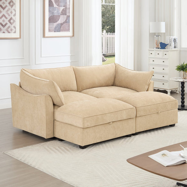 English Elm 2-Seater Sofa With 2 Movable Footstools, Stylish Chenille Fabric, Wheat Color & Hidden Storage Drawers W3041S00174