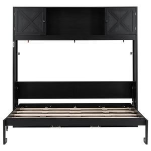 English Elm Full Murphy Bed with Storage Cabinets and Shelves, Space-Saving Wooden Wall Bed with 600lb Capacity Black N7090004009B