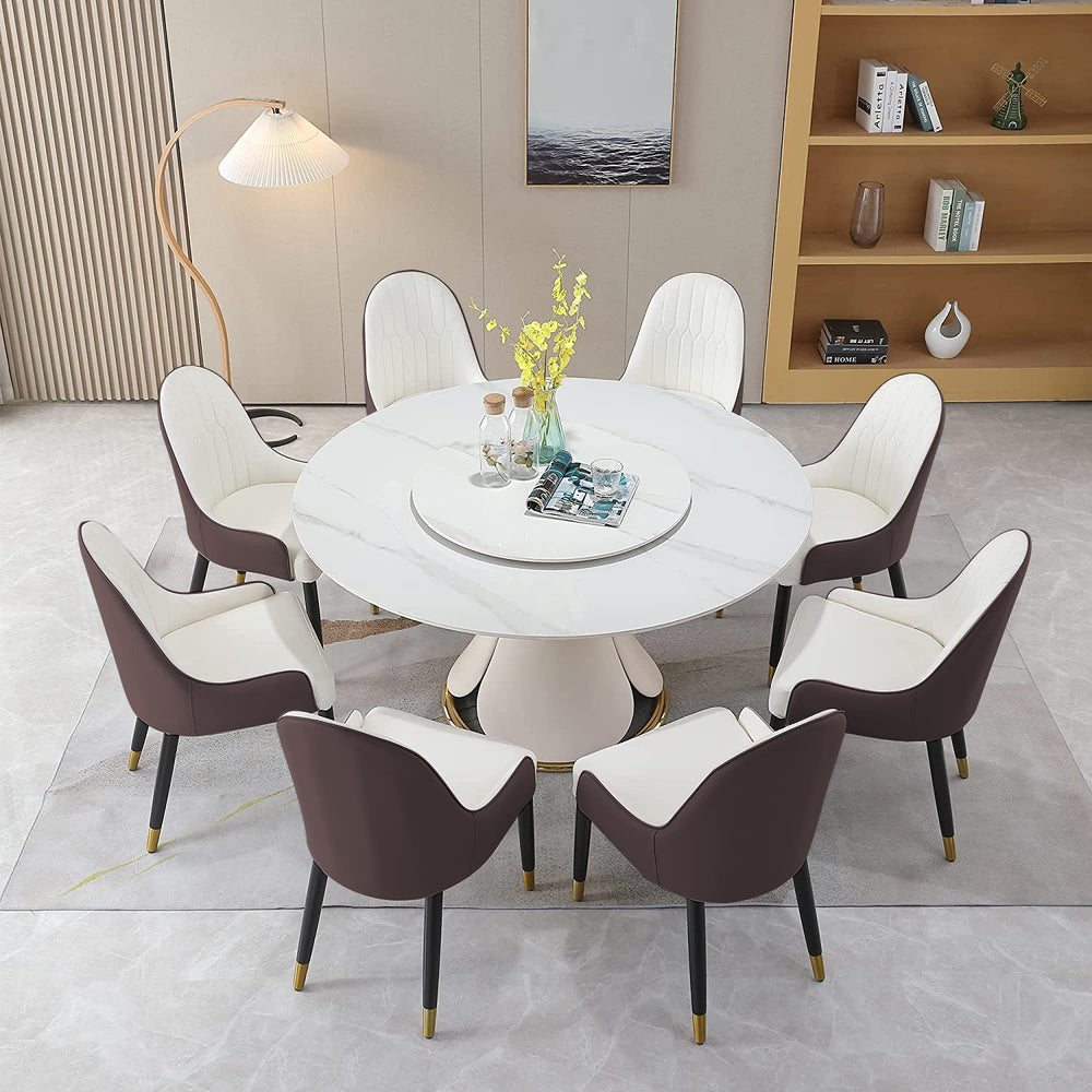 English Elm Round Sintered Stone Dining Set Sculptural Petal Base Six Pu Leather Chairs Modern W509S00184