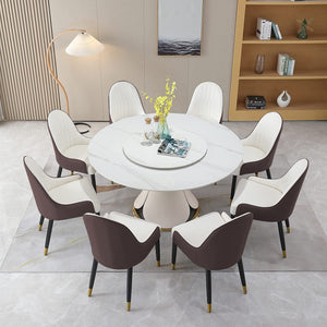 English Elm Round Sintered Stone Dining Set Sculptural Petal Base Six Pu Leather Chairs Modern W509S00184