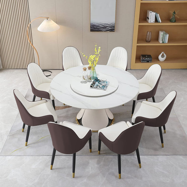 English Elm Round Sintered Stone Dining Set Sculptural Petal Base Six Pu Leather Chairs Modern W509S00184