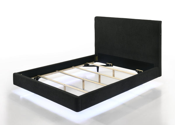 English Elm 1Pc Queen Panel Bed With High Headboard & Underbed Led Lighting – Luxe Black Boucle Upholstery Design B2741S00554