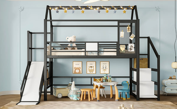 English Elm Twin House Loft Bed with Slide and Stairs, Metal Playhouse with Storage Shelves and Quiet Design Black W1580S00348