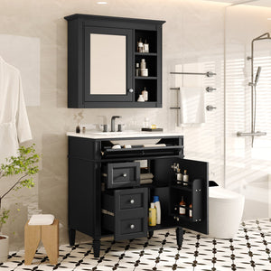 English Elm 30'' Modern Bathroom Vanity with Integrated Mirror Cabinet, Ceramic Sink, 3 Drawers & Ample Storage Black SW000126AAB-1
