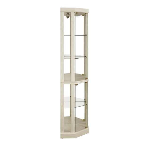English Elm Corner Lighted Curio Cabinet with Mirrored Back Glass Shelves Classical Living Room Display Antique White W2275P194426