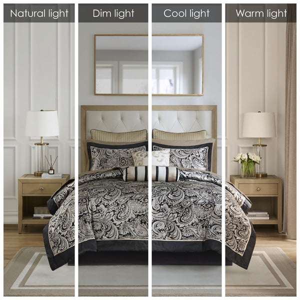 English Elm 12 Piece Madison Park Aubrey Jacquard Comforter Set Full with 200TC Cotton Sheets Black Gold Paisley Elegance B035128818