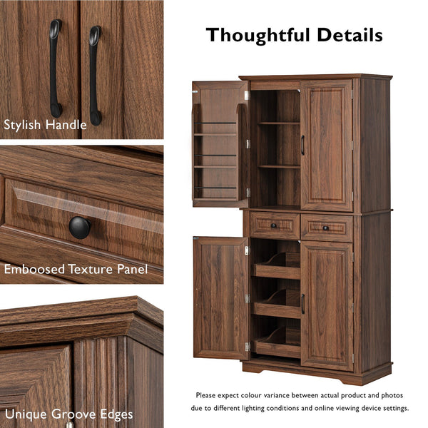 English Elm K&K 71" Tall Farmhouse Pantry Cabinet with Groove Edges, 3 Pull-Out Organizers, 6 Door Shelves Brown N707P256507Z