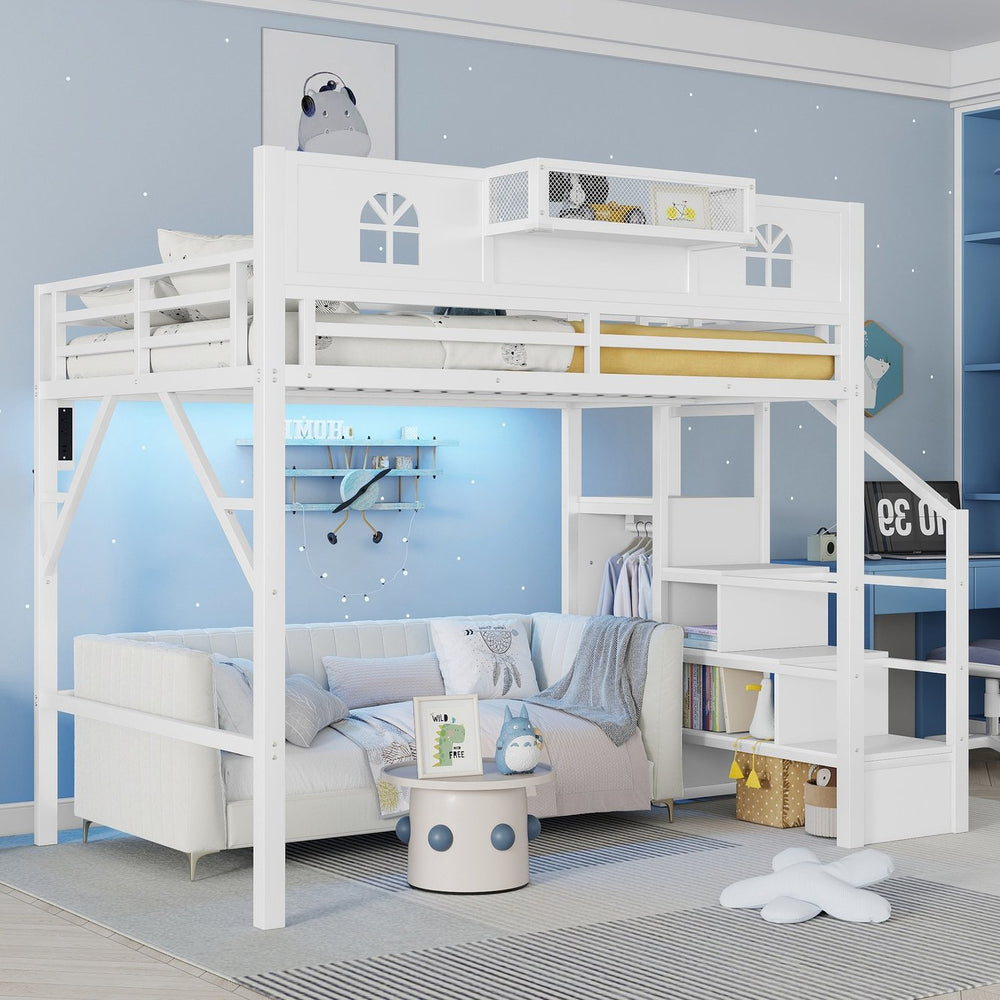 English Elm Full Size Steel Loft Bed with Staircase Storage Wardrobe Desk and Led Lighting White W2593S00056