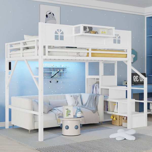 English Elm Full Size Steel Loft Bed with Staircase Storage Wardrobe Desk and Led Lighting White W2593S00056