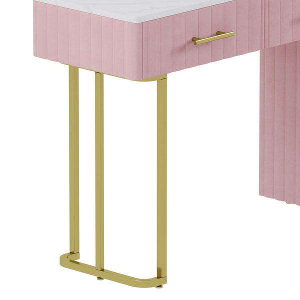 English Elm Velvet Upholstered Vanity Desk Set with Marble-Look Top, Padded Chair, 5 Spacious Drawers & Gold Accents Pink 17.5 L x 16.3 W x 16.1 H N733S272606H