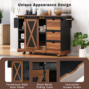 English Elm K&K 55.5" Farmhouse Kitchen Island with Sliding Barn Door, Drop Leaf, Charging Station, Wheels Black N707P288229B