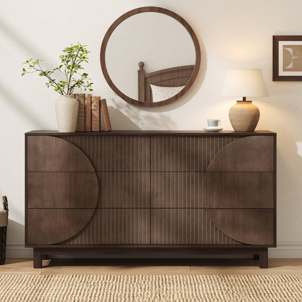 English Elm Modern Fluted 6 Drawer Dresser with Solid Wood Legs Japandi Chest for Bedroom Dark Brown N739S0000015D