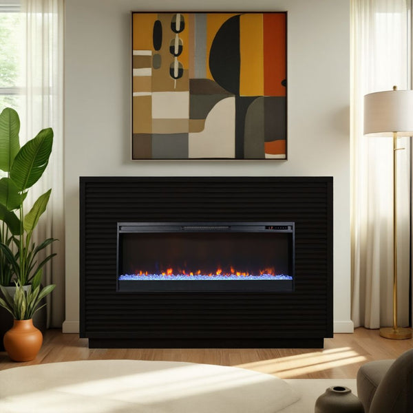 English Elm 62 Inch Fireplace Mantel with 42" Electric Insert, Poplar & Okume Veneer, Remote, Heats 400 Sq Ft Black B108P255366