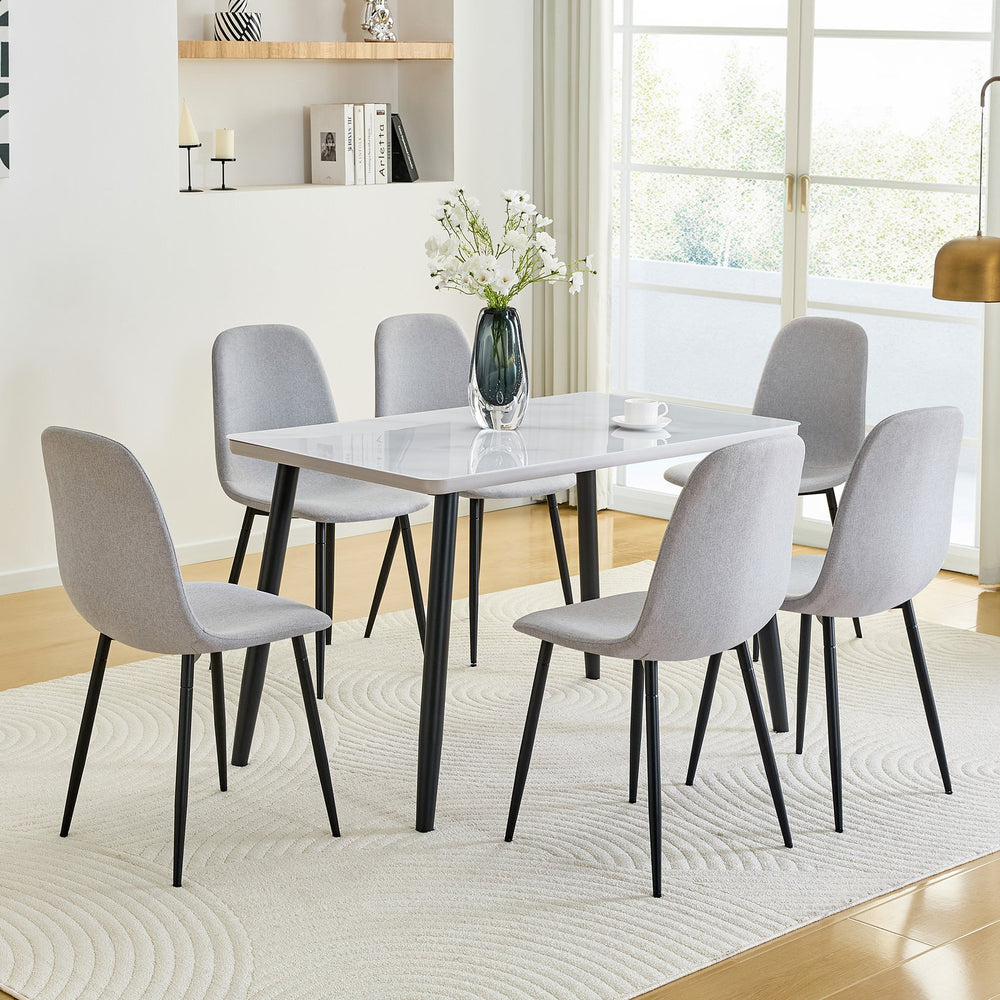 English Elm Table and Chair Set Marble Look Glass Top with Six Linen Seats for Modern Dining W1151S04627