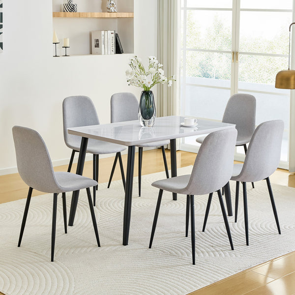 English Elm Table and Chair Set Marble Look Glass Top with Six Linen Seats for Modern Dining W1151S04627