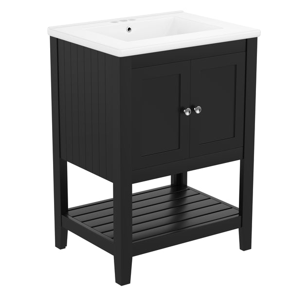 English Elm 24" Modern Sleek Bathroom Vanity with Ceramic Sink, Solid Wood Frame, Waterproof Finish and Open Shelf Storage Black N725P246473B