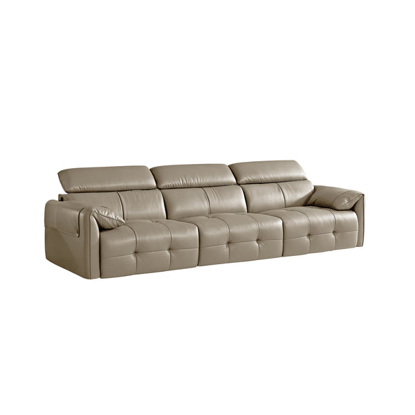 English Elm Genuine Top-grain Leather Three-seat Sofa with Reclining Backrests and Center Storage Beige White W1765S00132