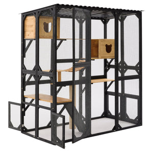 English Elm Outdoor Fir Wood Window Catio Enclosure with Four Climbing Platforms for Cats Black,Natural N719P418377N
