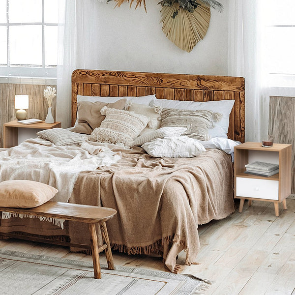 English Elm Set of 2 Mid Century Nightstands with Drawer & Shelf, Natural White Accent Tables for Bedroom Living Room W2181P357558
