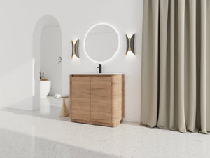 English Elm 36'' Freestanding Bathroom Vanity with White Ceramic Sink, Soft-Close Doors, Plywood, Adjustable Shelves W999P351896