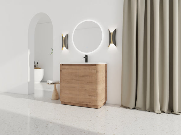 English Elm 36'' Freestanding Bathroom Vanity with White Ceramic Sink, Soft-Close Doors, Plywood, Adjustable Shelves W999P351896