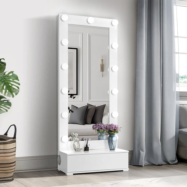 English Elm ELISA Glam LED Vanity Table with Glass Top, Built-In Speakers, Storage Stool and Mirror Lighting White 33.15 L x 17.8 W x 12.05 H B201S00354