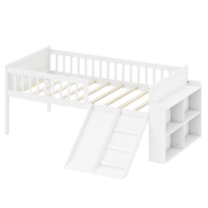 English Elm Twin Platform Kids Bed with Slide Ladder Guardrails Storage Shelf Wood Frame White N733S415411K