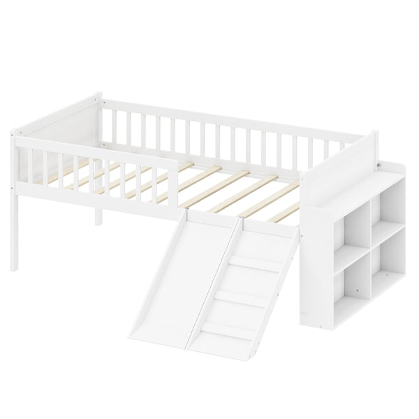 English Elm Twin Platform Kids Bed with Slide Ladder Guardrails Storage Shelf Wood Frame White N733S415411K