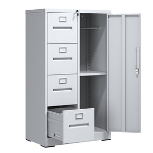 English Elm Metal Storage Vertical Filing Cabinet with 4 Drawers and Side Wardrobe, Steel Ball-Bearing Suspension, Secure Locking Organizer for Home Office and Bedroom White T2398P272102
