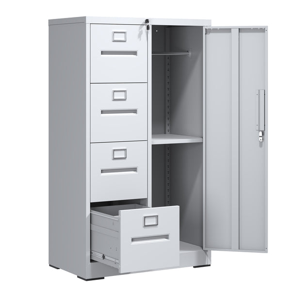 English Elm Metal Storage Vertical Filing Cabinet with 4 Drawers and Side Wardrobe, Steel Ball-Bearing Suspension, Secure Locking Organizer for Home Office and Bedroom White T2398P272102