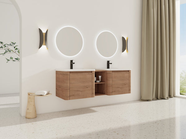English Elm 60'' Wall-Mounted Vanity with White Ceramic Sink, Plywood Shelves, Soft-Close Door, Scratch & Water-Resistant Finish W999S00381