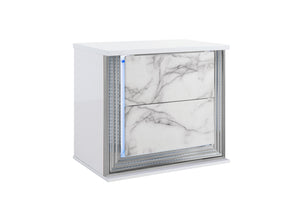 English Elm MOON Marble Nightstand with LED Lighting, White Marble Finish, Solid Wood + MDF, High Gloss Chrome Accents B201P226356
